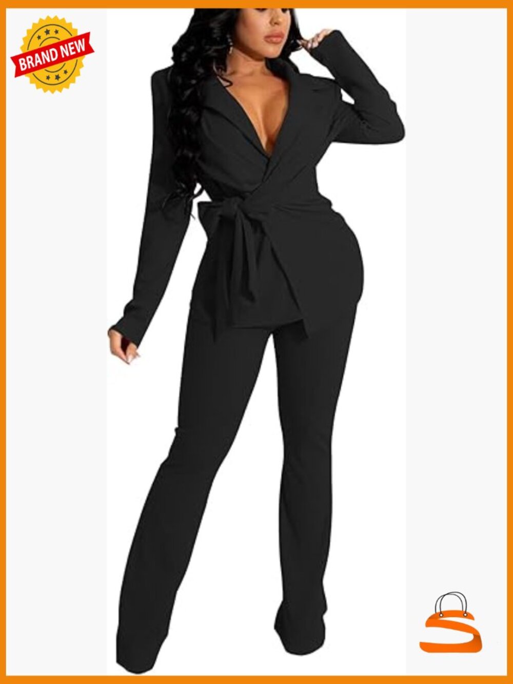 Professional Two-Piece Pantsuit Set With Belt, Polyester Spandex, S-2xl